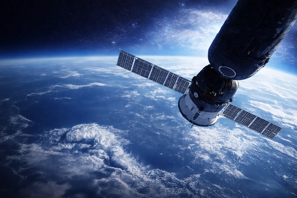 Satellite orbiting Earth under sunlight