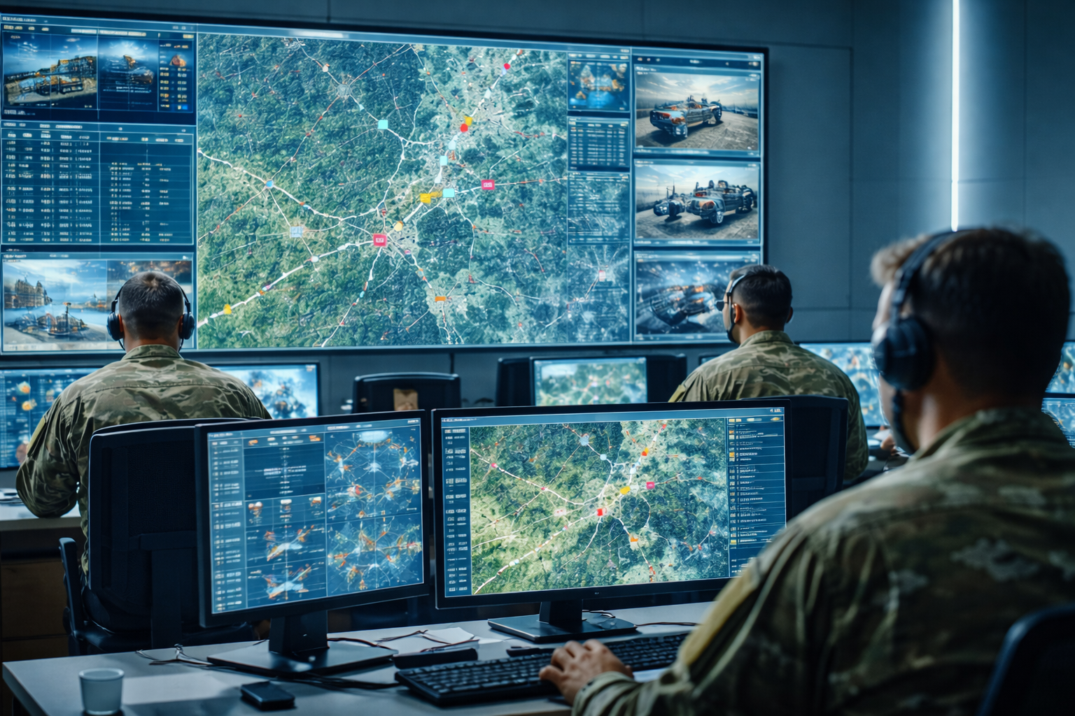 Military soldier at tactical operations center with GPS mapping on dual monitors