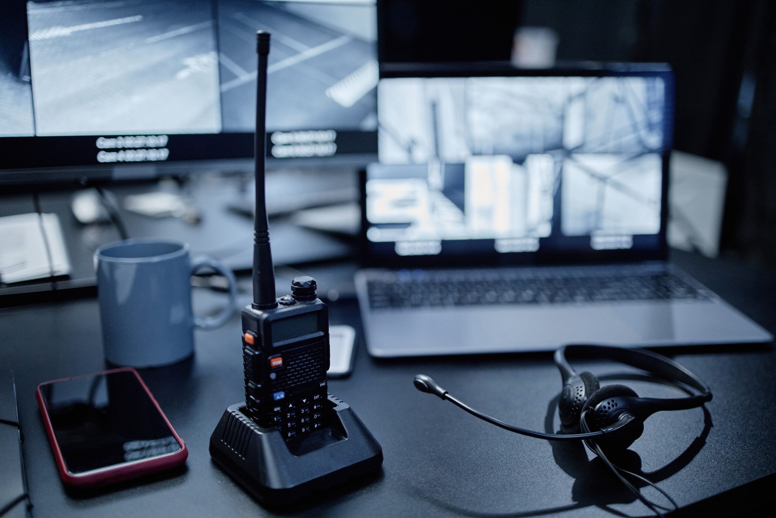 Closeup,Showing,Portable,Two,Way,Radio,,Smartphone,,Headset,,Coffee,Mug